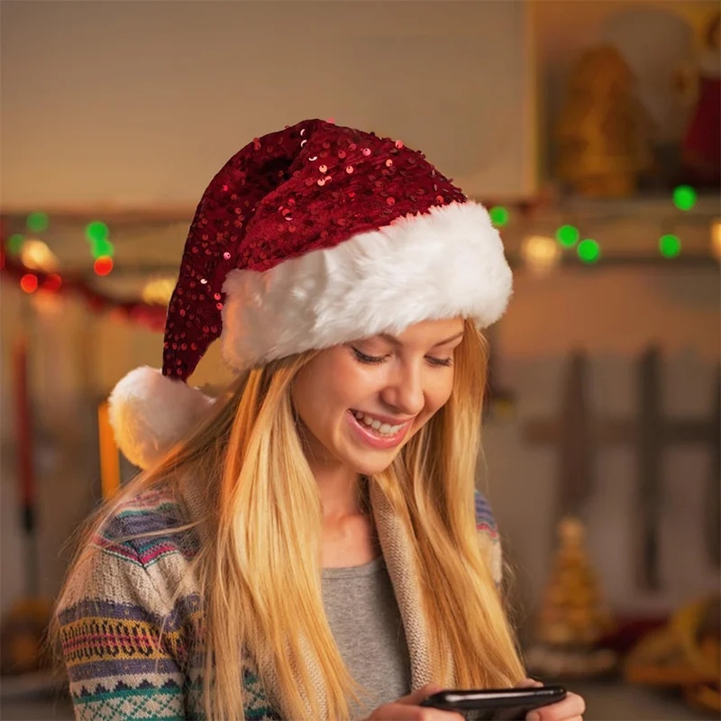 Double-Layer Sequin Christmas  - đánh giá và giá Santa Hat Plush