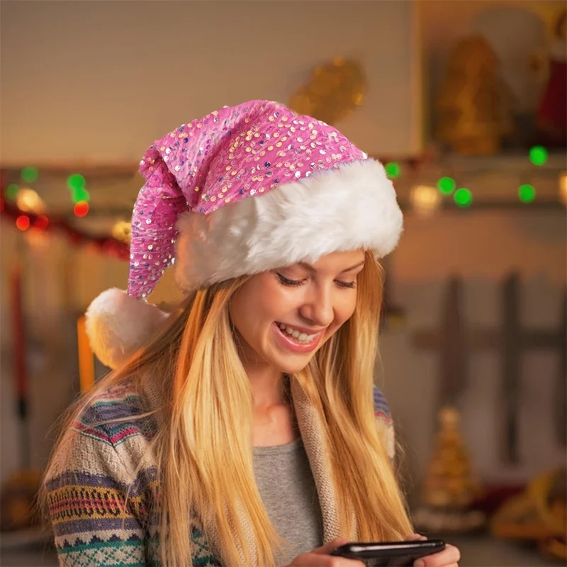 Double-Layer Sequin Christmas  - đánh giá và giá Santa Hat Plush